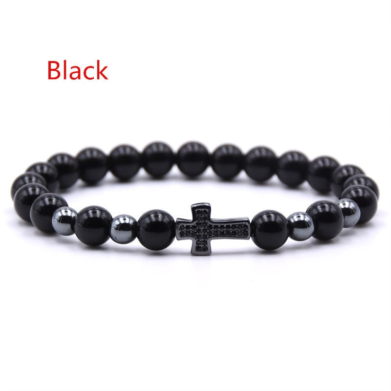 Pave CZ Cross Classic Bead Bracelet for Men | Black