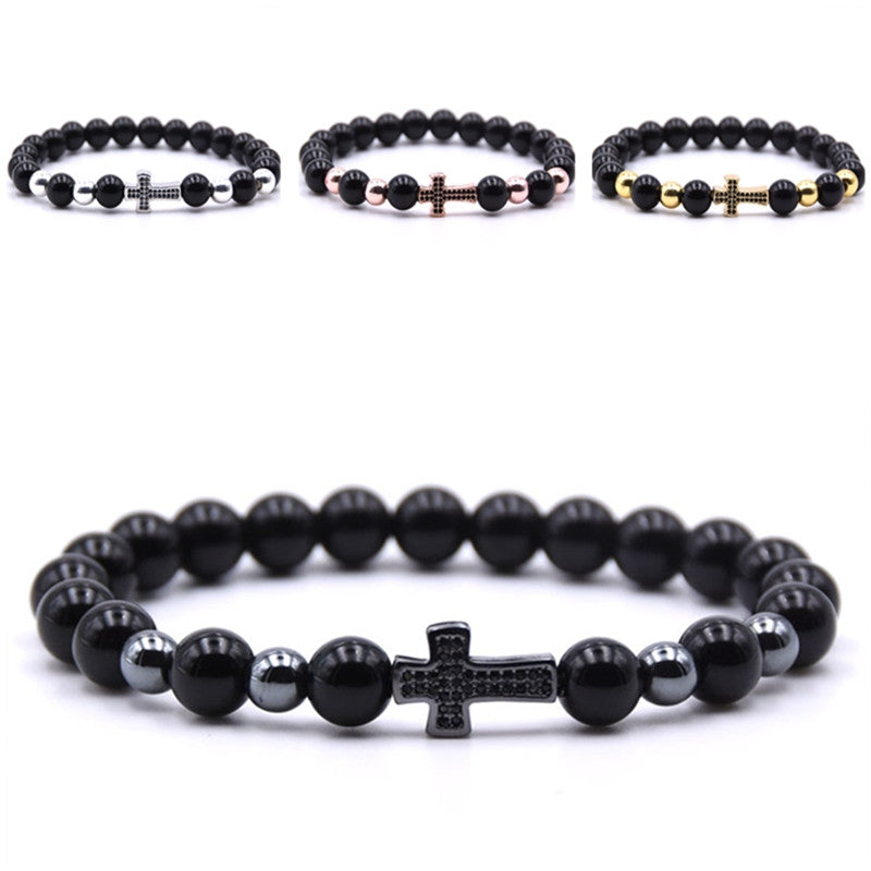 Pave CZ Cross Classic Bead Bracelet for Men | Black