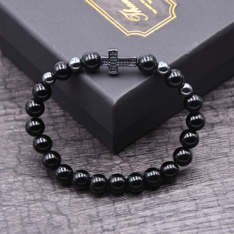 Pave CZ Cross Classic Bead Bracelet for Men | Black