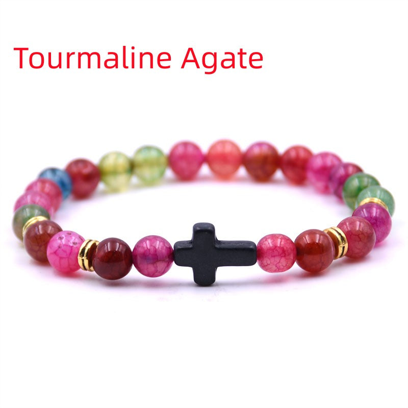 Stone bracelet with cross charm, Adjustable elastic bracelet, Natural stone jewelry for men and women, Handmade multi-color bracelet