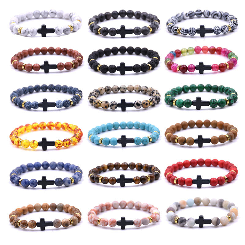 Stone bracelet with cross charm, Adjustable elastic bracelet, Natural stone jewelry for men and women, Handmade multi-color bracelet