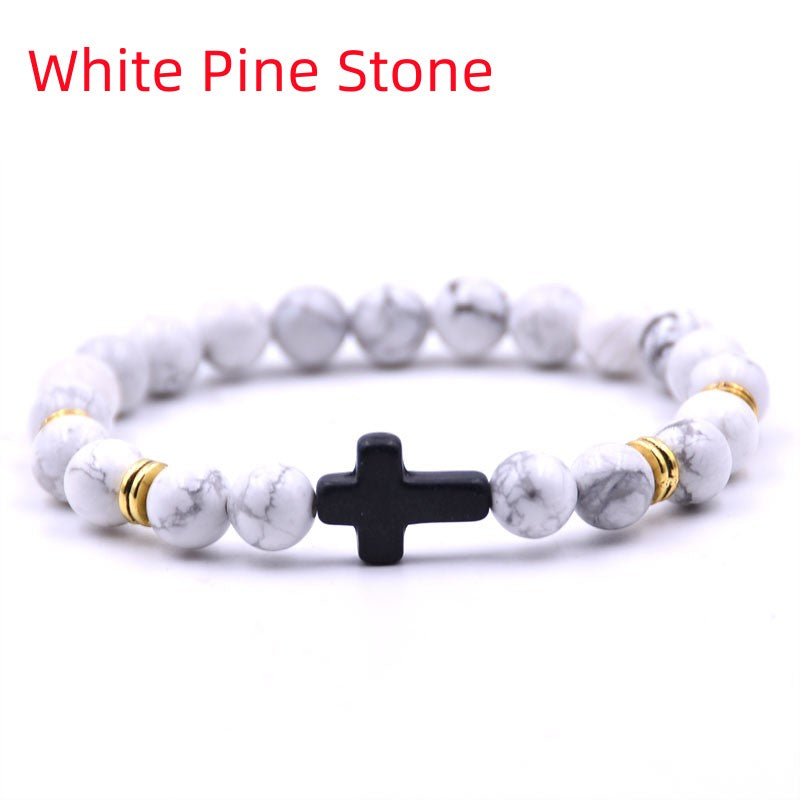 Elastic Handmade Stone Bracelet with Cross