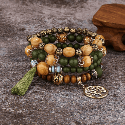 Tree of Life pendant necklace, multilayer beaded bracelet, bohemian ethnic jewelry set