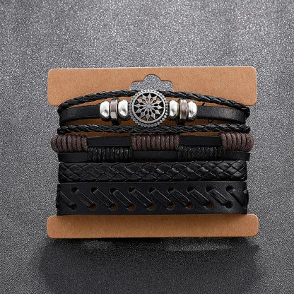 Vintage Leather Woven Bracelet Set, Handmade Charm Bracelets, Trendy Bracelets