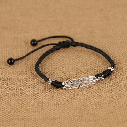 Handmade men's vintage feather anklet in red rope, Classy alloy foot accessory in black rope, Mixed color rope vintage feather anklet for men.