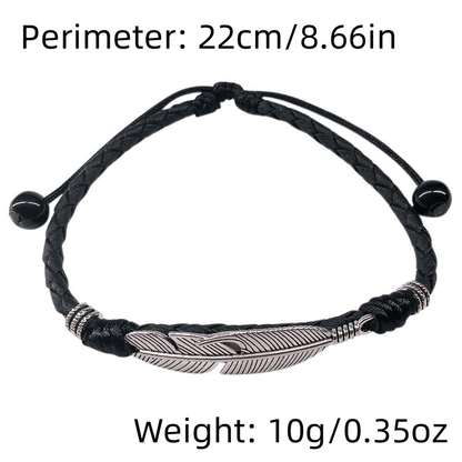 Handmade men's vintage feather anklet in red rope, Classy alloy foot accessory in black rope, Mixed color rope vintage feather anklet for men.