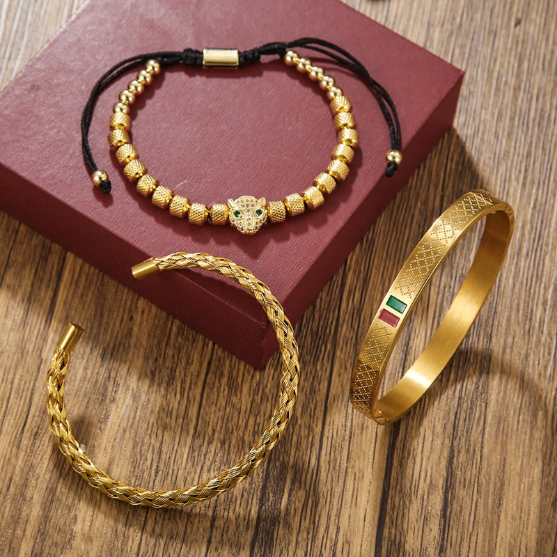 Stainless Steel Cheetah Bracelet, Men's Golden Jewelry, Adjustable Fashion Accessory