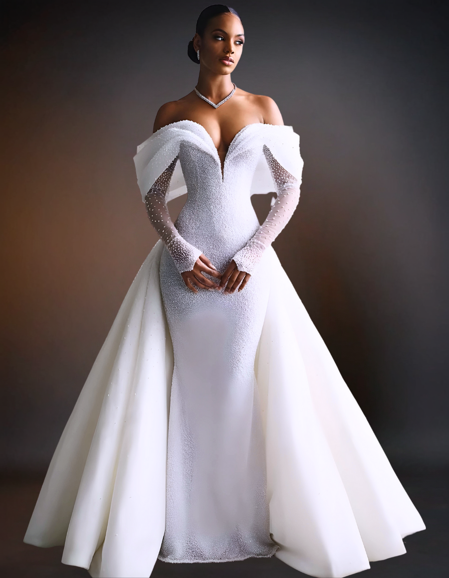 Luxury Mermaid Wedding Dress with Long Sleeves and Off-Shoulder