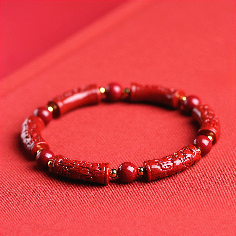 Cinnabar Carved Auspicious Bead Bracelet for Men | Red
