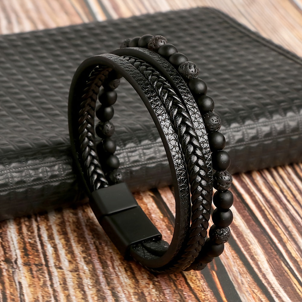 Fashion Layered Braided Leather & Tiger Eye Stone Beaded Bracelet | Unique Punk Bracelet Accessory | Bracelet for Men