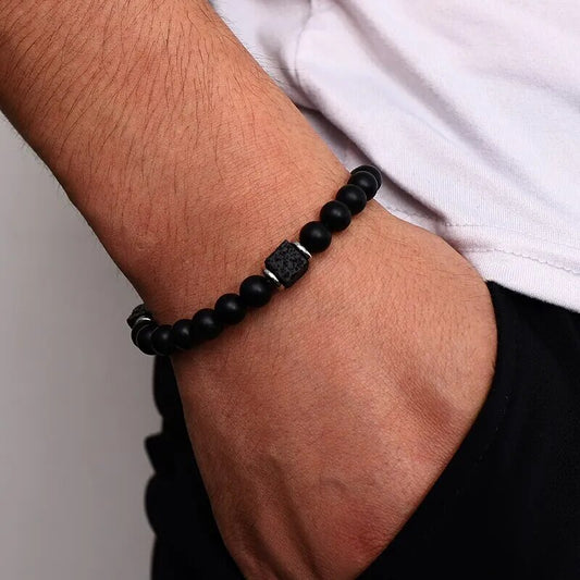 Men's Matte Black Onyx and Cube Lava bracelet