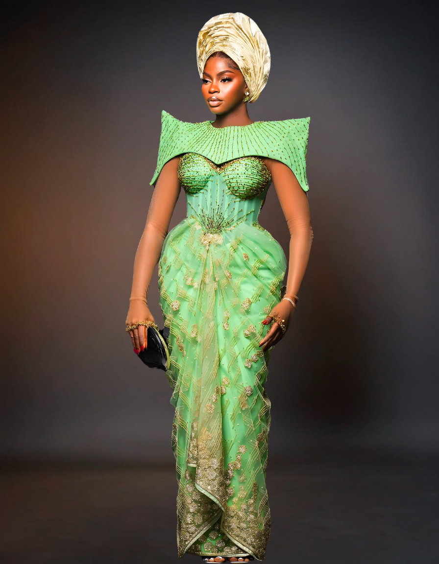 Luxury Traditional Pointed Shoulder Wedding Dress | Mint Green Aso Ebi