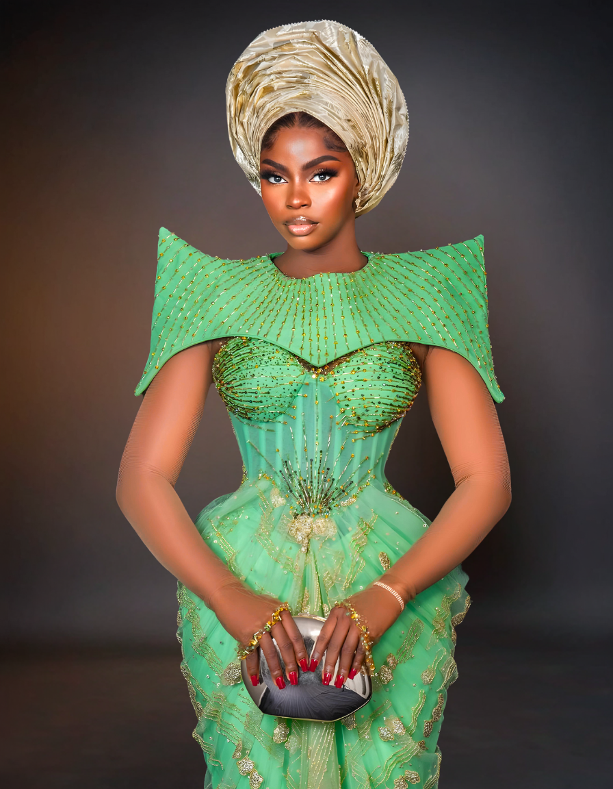 Luxury Traditional Pointed Shoulder Wedding Dress | Mint Green Aso Ebi