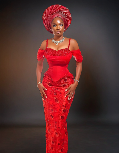 Luxury Party Beaded Lace Dress Red – OTUNBA