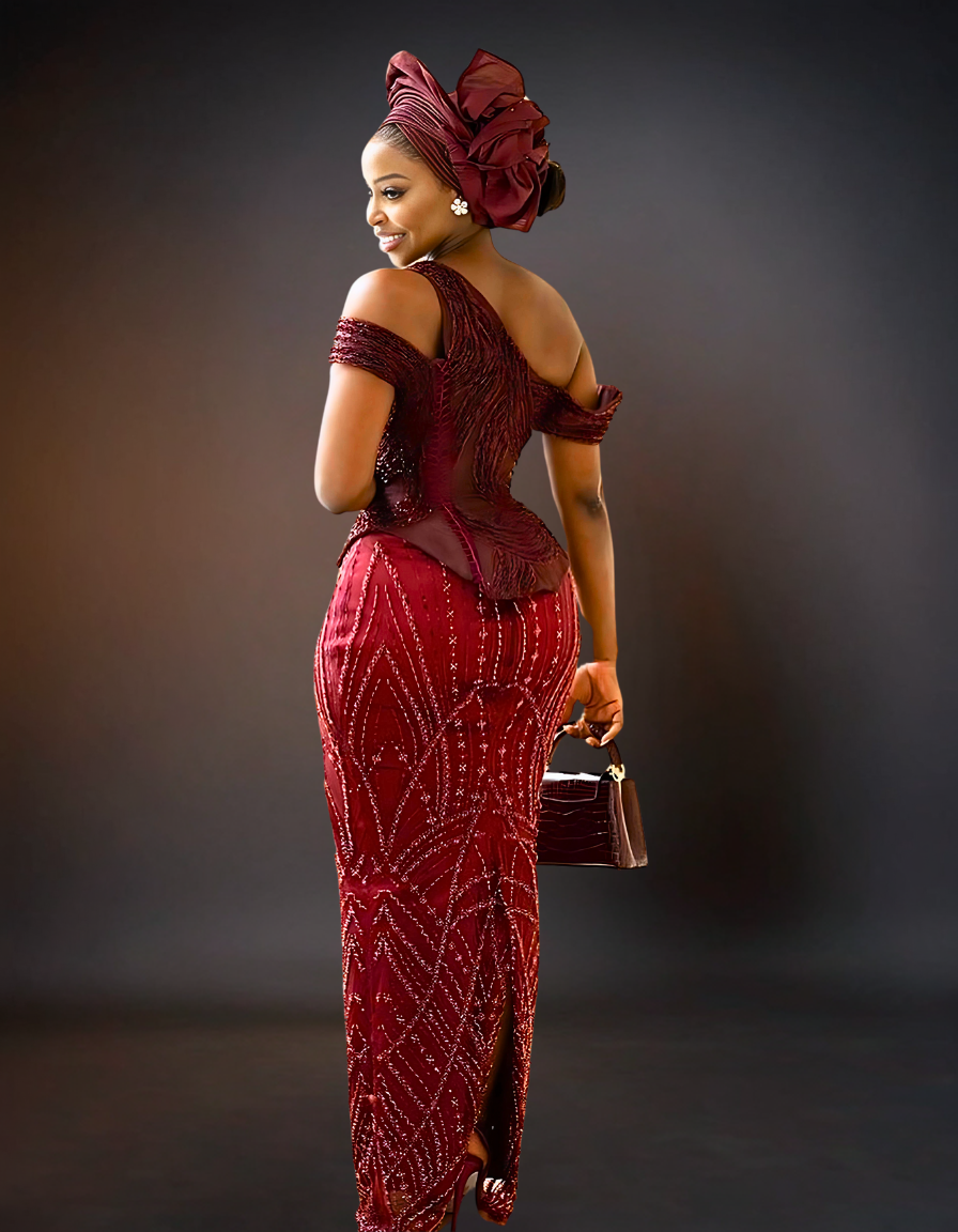 Luxury Traditional Wedding Party Dress Burgundy OTUNBA