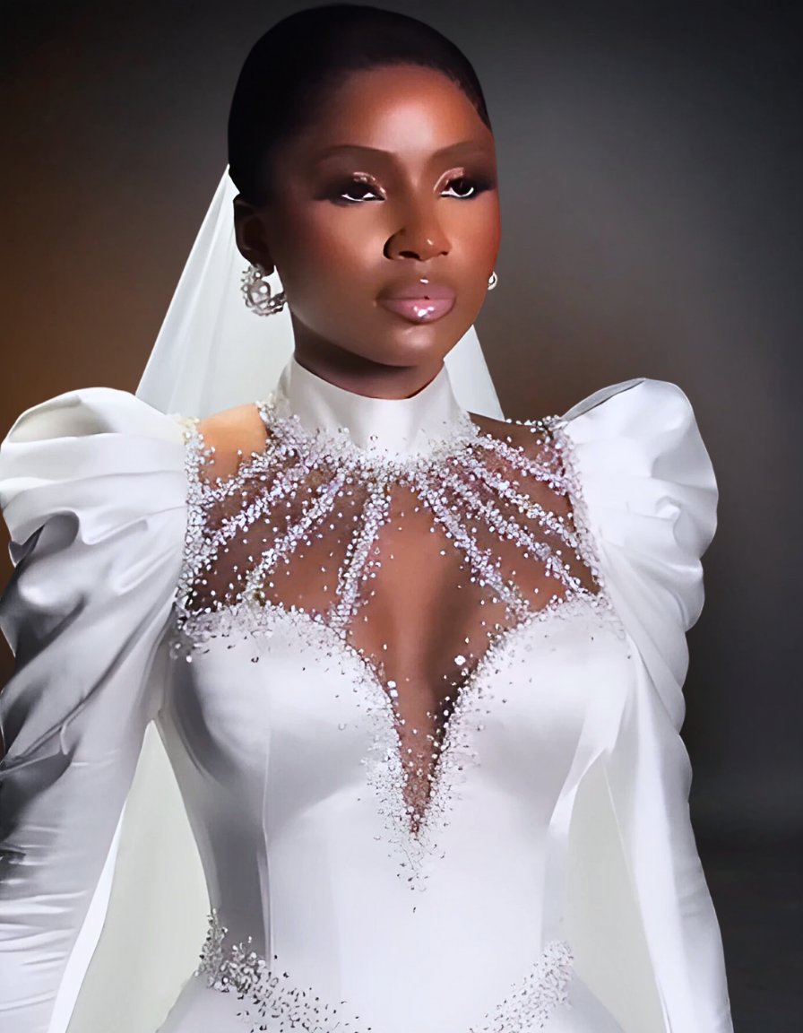 Luxury Puff Hand Breast Tube Corset Wedding Dress, features a high neck and a fitted bodice with a corset design. The upper part of the dress has puffed sleeves that add an elegant touch to the overall look.