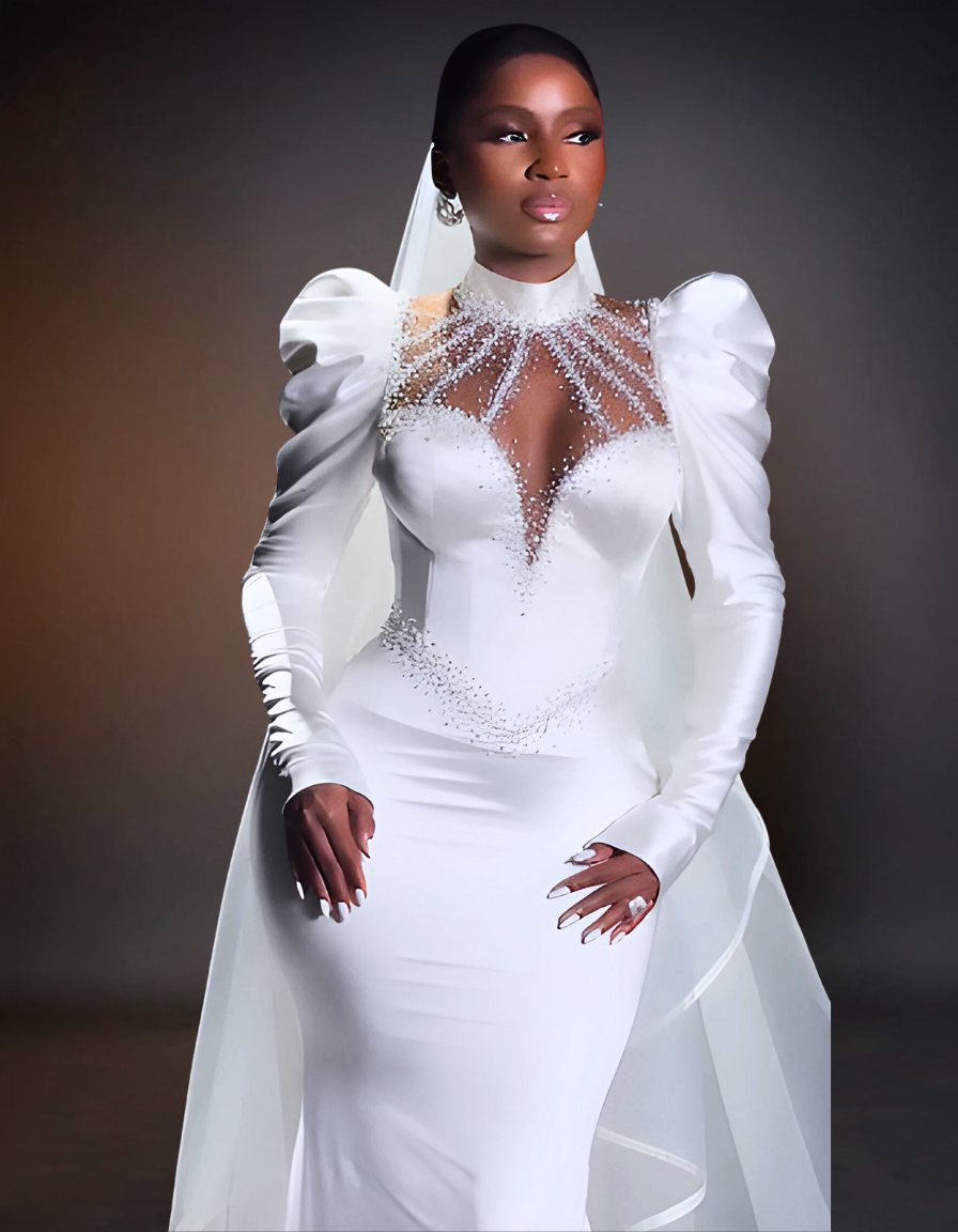 Luxury Puff Hand Breast tube corset Wedding Dress | High Neck