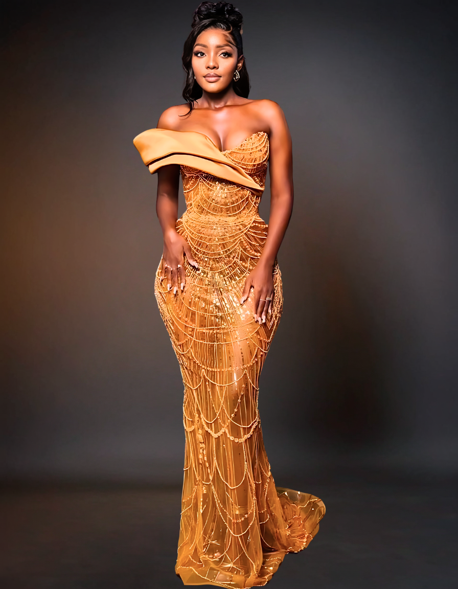 Luxury Traditional Party Dress | Orange Aso Ebi