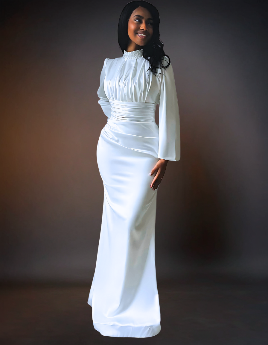 Simple Long Sleeve Satin Wedding Dress | Turtle Neck