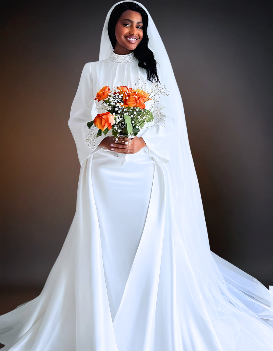 Simple Long Sleeve Satin Wedding Dress Turtle Neck OTUNBA