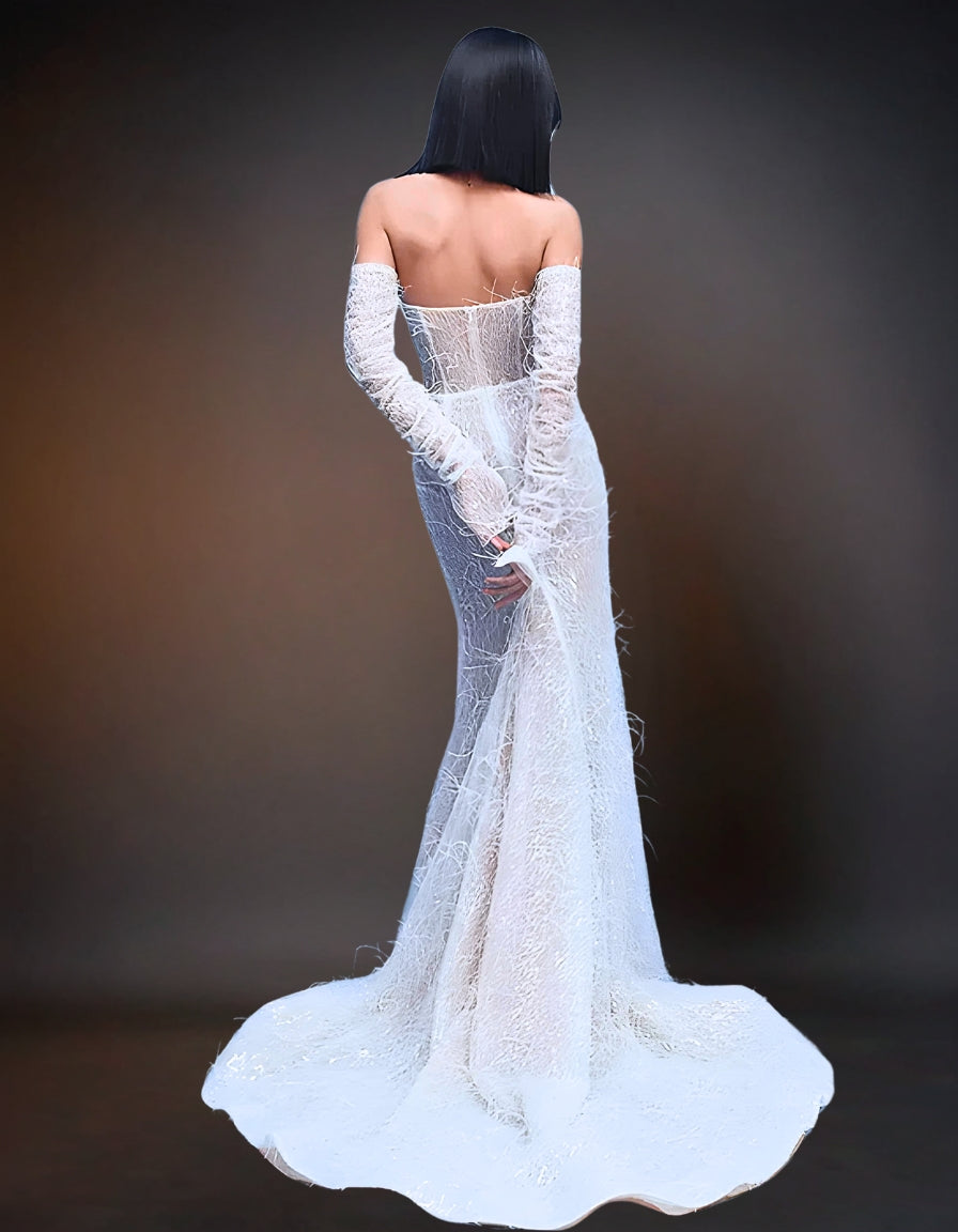 Luxury Feather Wedding Gown | Detachable Sleeve