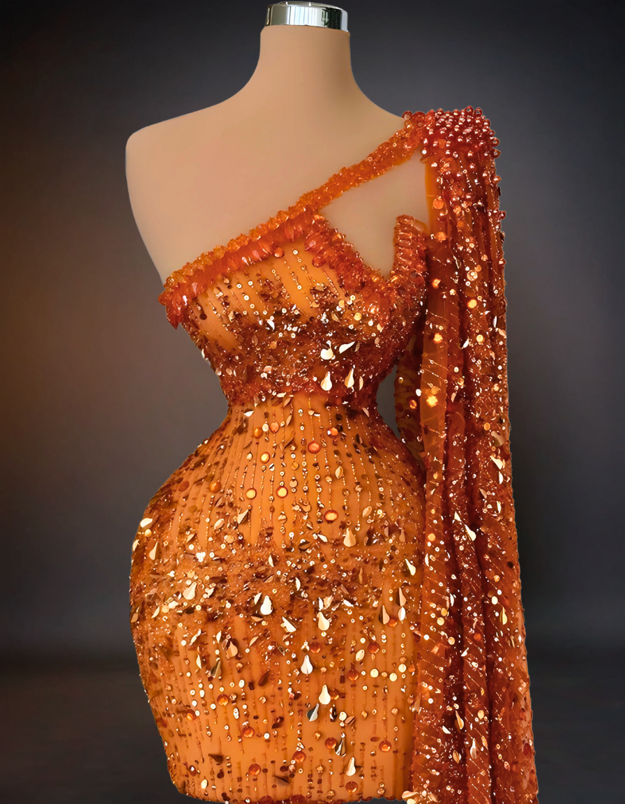 Luxury Short Prom Beaded Lace Dress | Orange