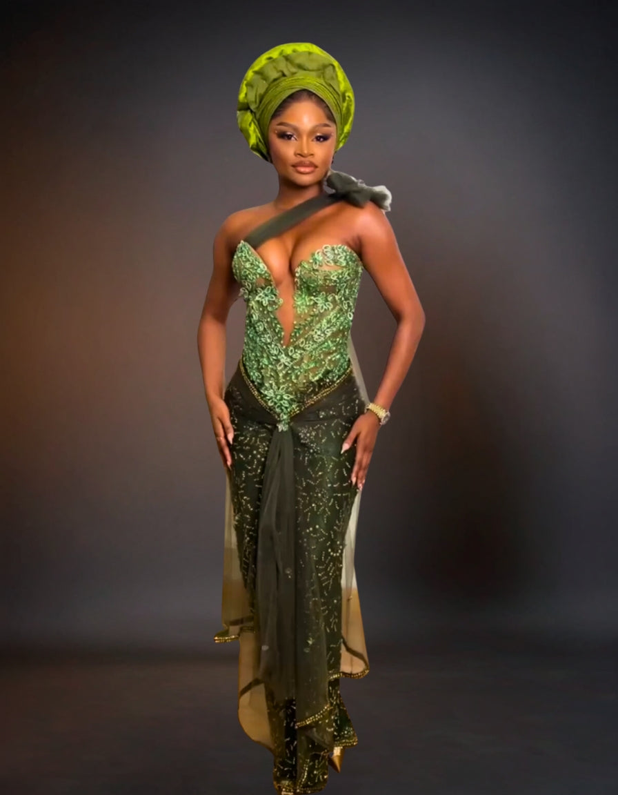 Luxury Beaded Embroidered Traditional Party Dresses | Green Aso Ebi