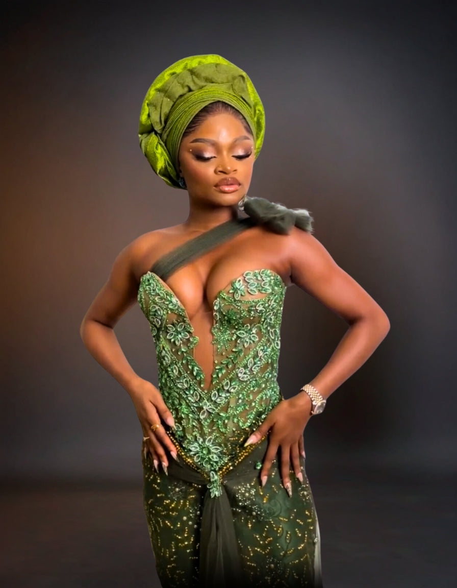 Luxury Beaded Embroidered Traditional Party Dresses | Green Aso Ebi