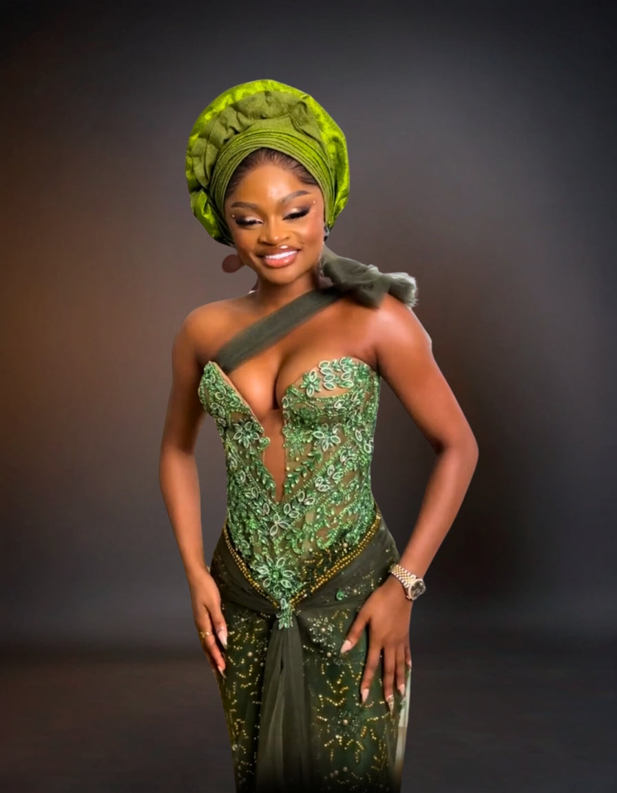 Luxury Beaded Embroidered Traditional Party Dresses | Green Aso Ebi