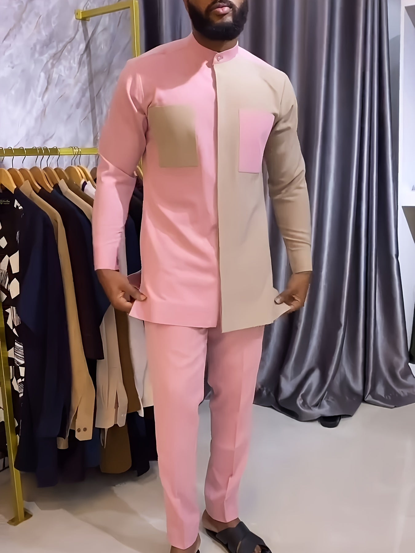 African Mens Senator Wear Kaftan Pink OTUNBA