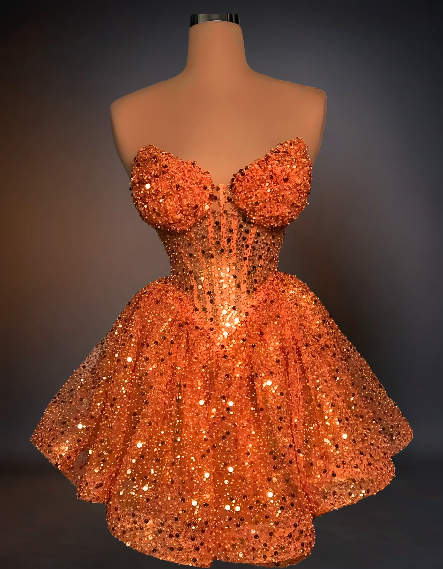 Luxury Short Prom Beaded Lace Dress | Orange