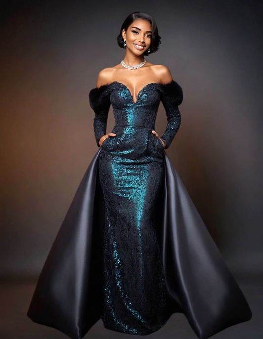 Luxury Off the Shoulder Couture Gown | Green and Black