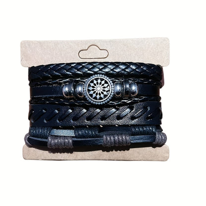 Vintage Leather Woven Bracelet Set, Handmade Charm Bracelets, Trendy Bracelets