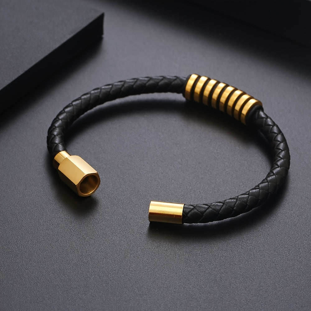 Men's Black PU Leather Bracelet, Stainless Steel Buckle Bracelet, Braided Cuff Wristband, Men's Fashion Accessory