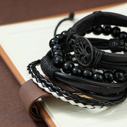 Vintage Charm PU Leather Bracelet Set for Men, Life Tree Bracelet, Rudder Bracelet, Wood Beads Bracelet, Men's Fashion Accessory
