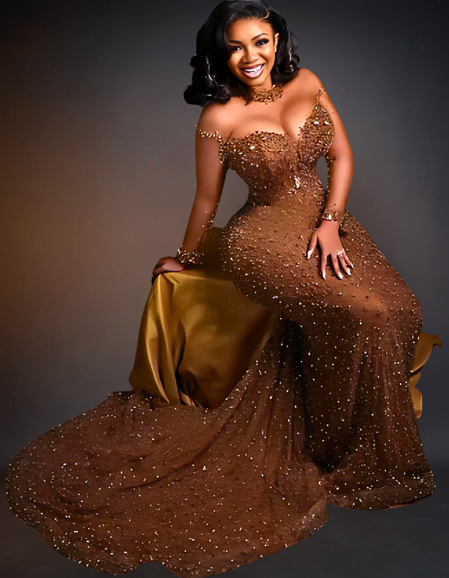 Shimmering gold prom dress adorned with intricate lace and sparkling beads, perfect for luxurious occasions.