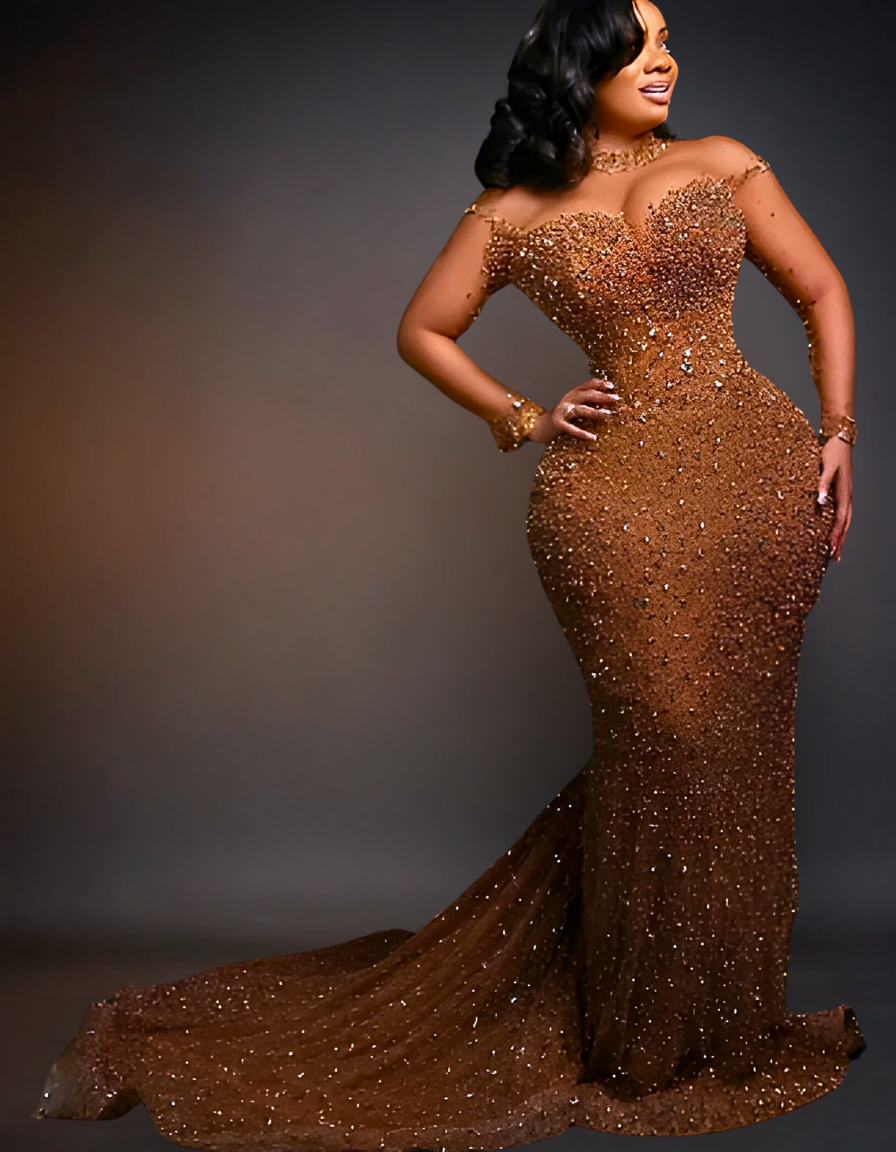 Shimmering gold prom dress adorned with intricate lace and sparkling beads, perfect for luxurious occasions.