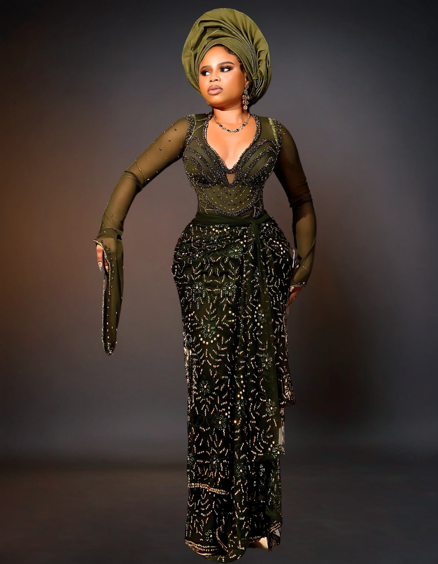 Luxury Traditional Wedding Dress| Dark Green Aso Ebi