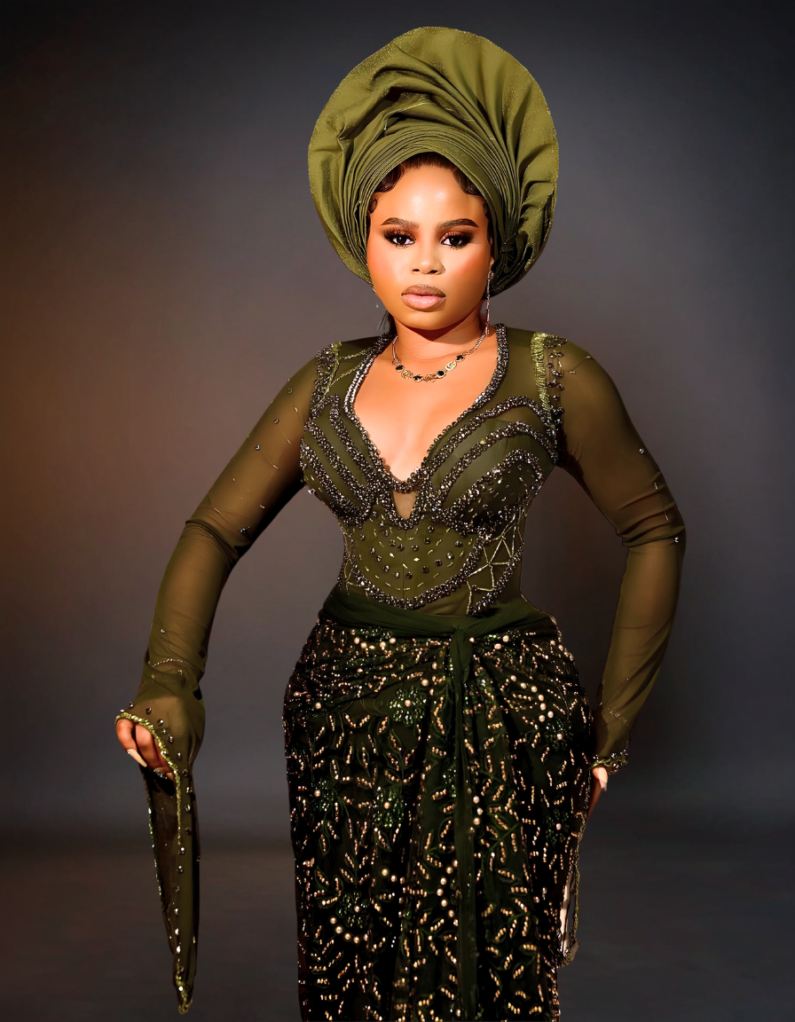 Luxury Traditional Wedding Dress| Dark Green Aso Ebi