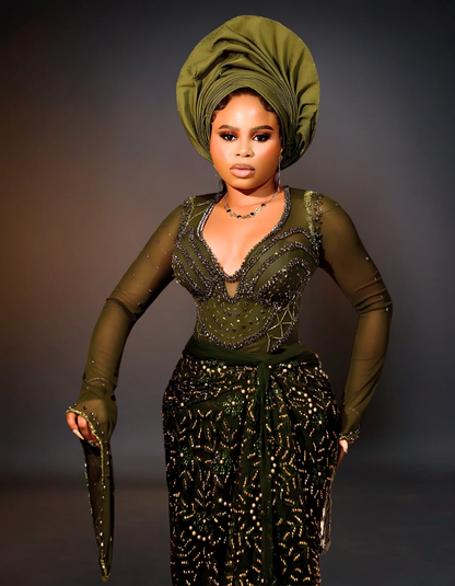 Dark green Aso Ebi wedding dress featuring intricate traditional luxury design.