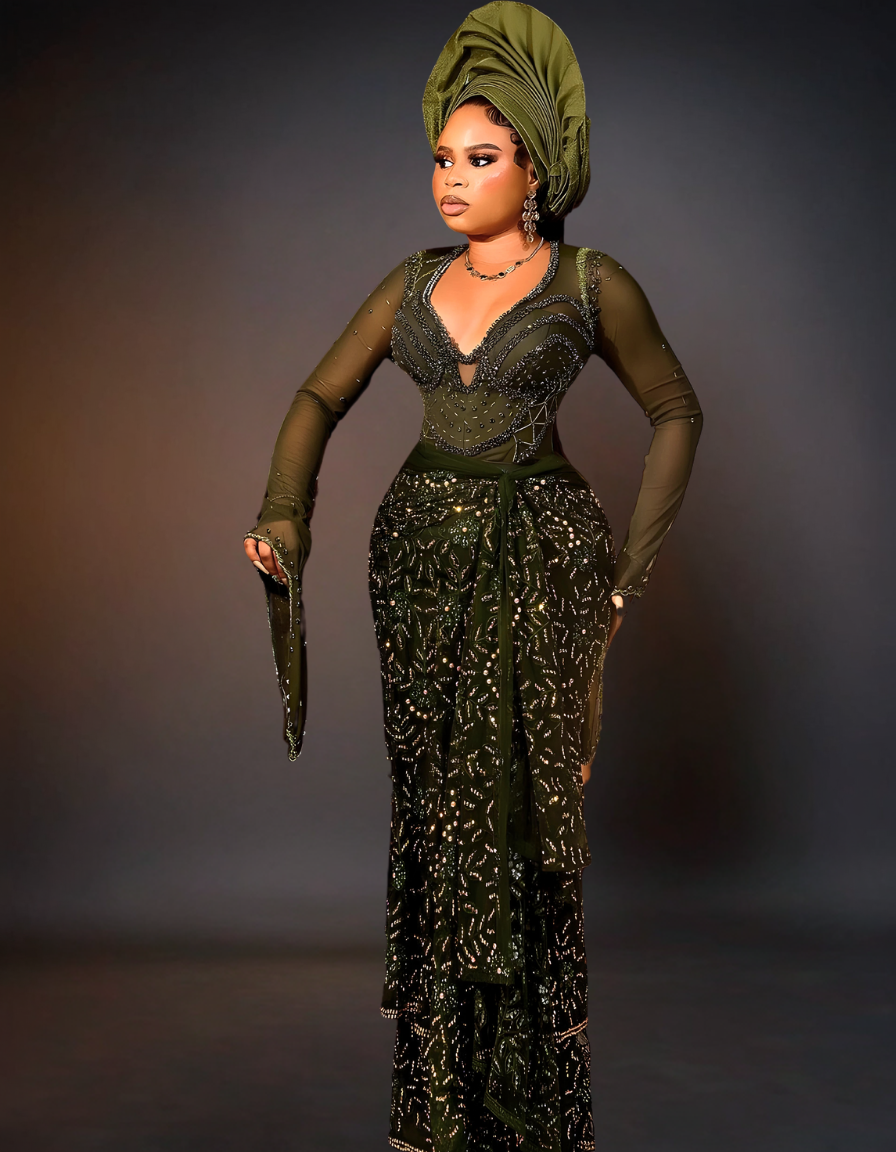 Luxury Traditional Wedding Dress| Dark Green Aso Ebi