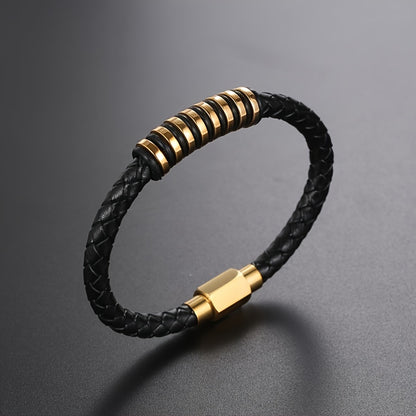 Men's Black PU Leather Bracelet, Stainless Steel Buckle Bracelet, Braided Cuff Wristband, Men's Fashion Accessory