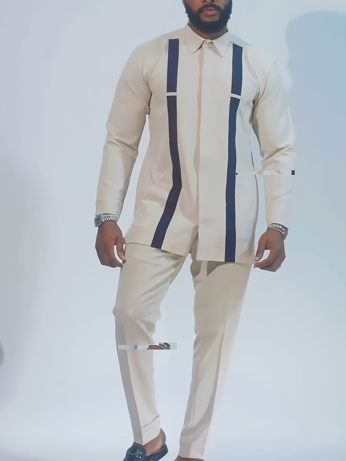 African Men Kaftan, Men's Outfit Set, Stripe Pattern Crew Neck Long Sleeve Robe, Drawstring Trousers