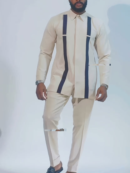 African Men Kaftan, Men's Outfit Set, Stripe Pattern Crew Neck Long Sleeve Robe, Drawstring Trousers