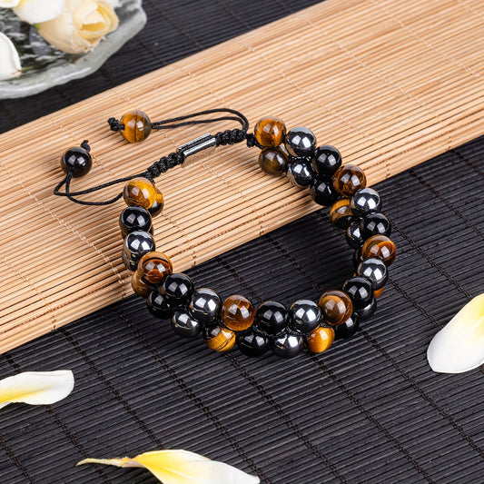 Double-Layer Tigers Eye and Obsidian Bracelet