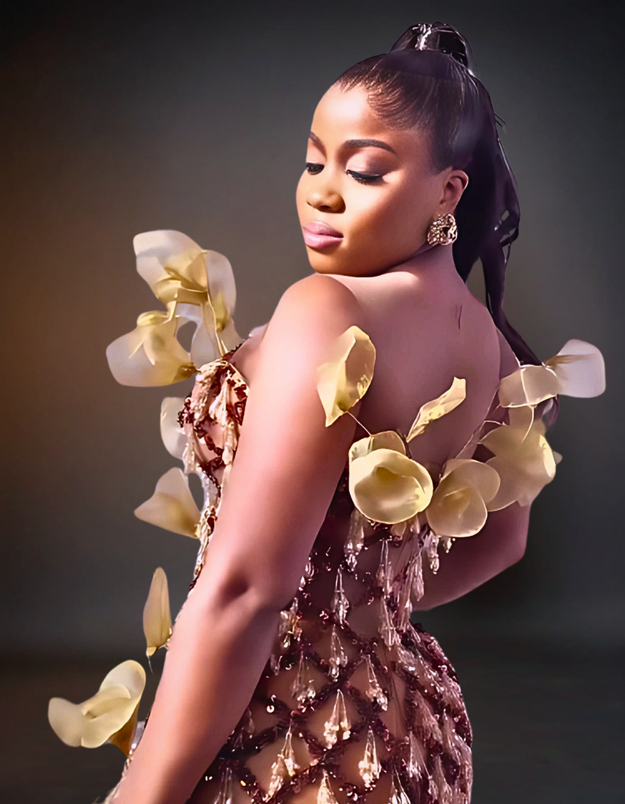 Luxury 3D prom flower dress in brown and gold, featuring intricate floral designs and embellishments, displayed on a mannequin in an elegant setting.