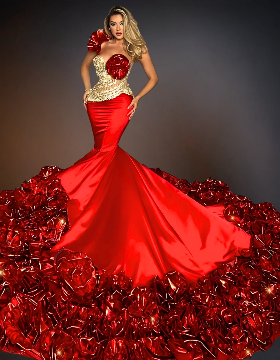 Luxury Prom Scarlet 3D Flowers Gown | Red