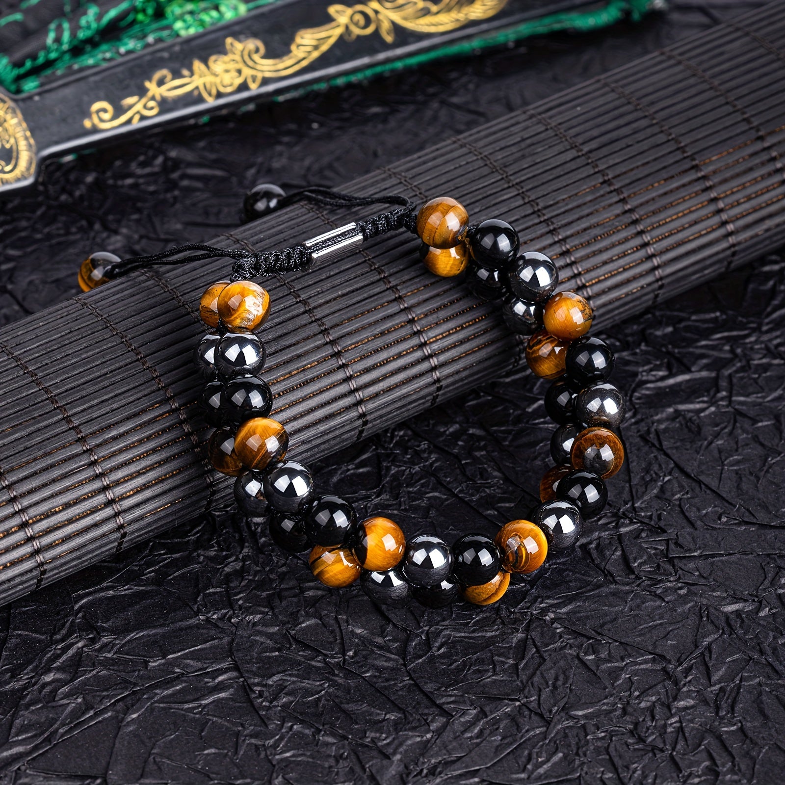 Double-Layer Tigers Eye and Obsidian Bracelet
