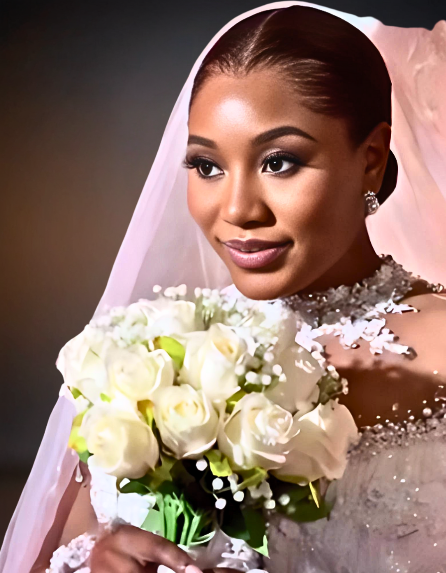 Elegant bride wearing a luxurious lace wedding dress with long sleeves, showcasing intricate detailing and a flowing train. 