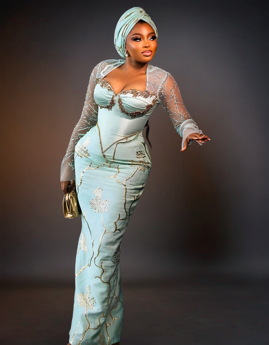 Luxurious Long Sleeve Aso Ebi Dress in Mint Green.  The dress features elegant, intricate lace detailing and a fitted silhouette, showcasing a blend of traditional and modern design elements. 